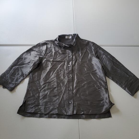 Terra Jacket Women Large Grey Button Front Lightweight Crinkle Artsy Wire Collar - Picture 1 of 8